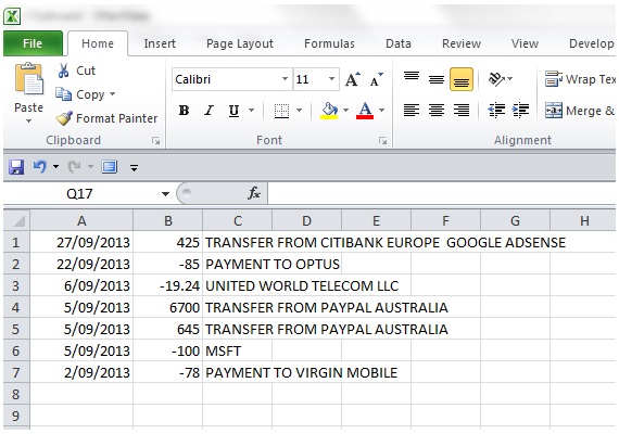 Exported Bank Account Transactions CSV File